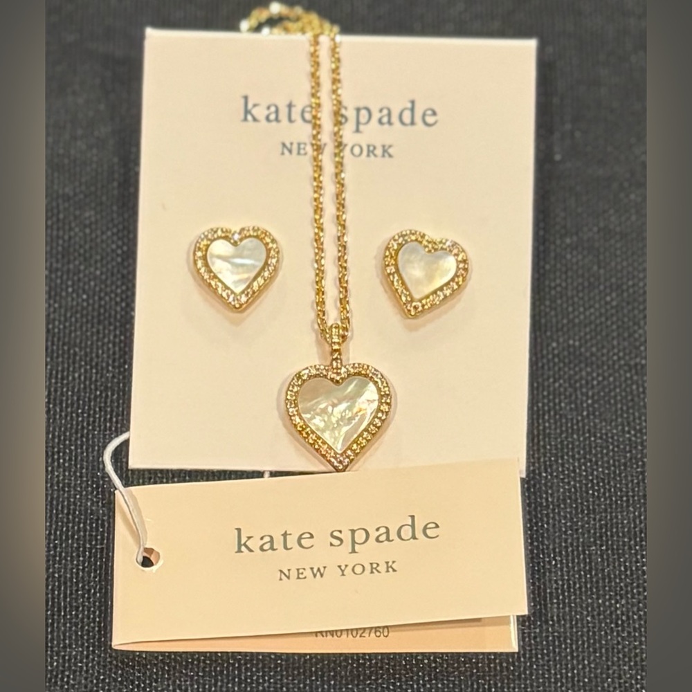 Kate Spade Gold Heart Necklace/Earring Jewelry Set-Mother of Pearl Stone